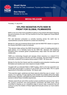 Stuart Ayres Don Harwin MEDIA RELEASE 10% PDV INCENTIVE PUTS NSW in FRONT for GLOBAL FILMMAKERS