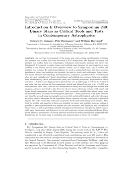 Introduction & Overview to Symposium 240: Binary Stars As Critical Tools