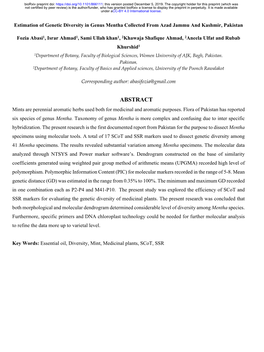 Estimation of Genetic Diversity in Genus Mentha Collected from Azad Jammu and Kashmir, Pakistan