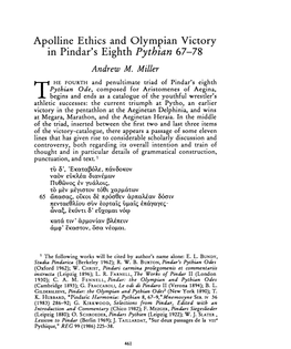Apolline Ethics and Olympian Victory in Pindar's Eighth Pythian 67-78 Andrew M