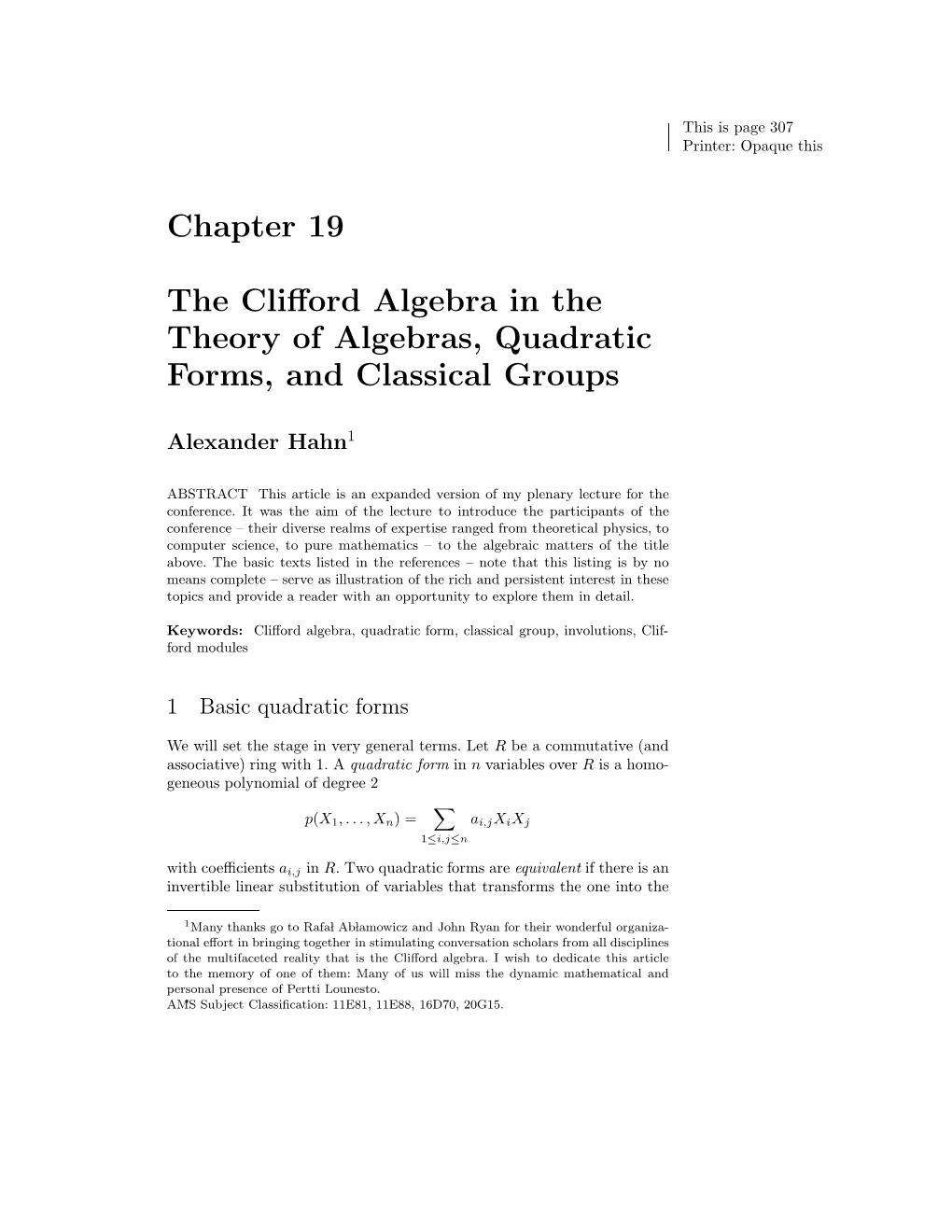 Chapter 19 the Clifford Algebra in the Theory of Algebras, Quadratic