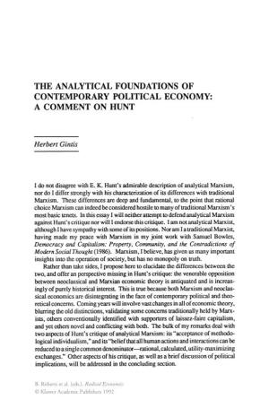 The Analytical Foundations of Contemporary Political Economy: a Comment on Hunt