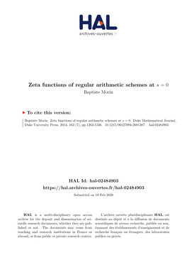 Zeta Functions of Regular Arithmetic Schemes at S = 0 Baptiste Morin
