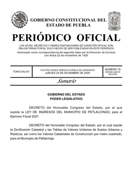 LEY DE INGRESOS DEL MUNICIPIO DE PETLALCINGO, Para El Ejercicio Fiscal 2021