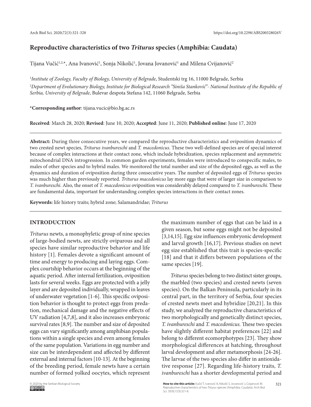 Reproductive Characteristics of Two Triturus Species (Amphibia: Caudata)