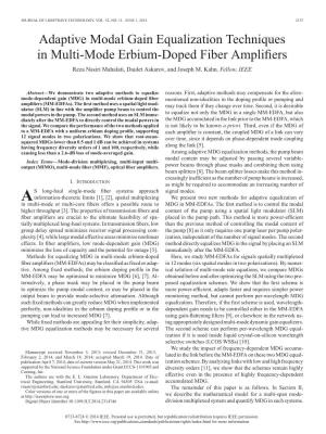 Adaptive Modal Gain Equalization Techniques in Multi-Mode Erbium-Doped Fiber Ampliﬁers Reza Nasiri Mahalati, Daulet Askarov, and Joseph M