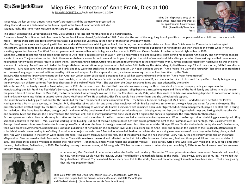 Miep Gies, Protector of Anne Frank, Dies At