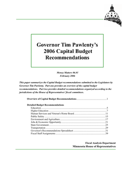 Governor Tim Pawlenty's 2006 Capital Budget Recommendations