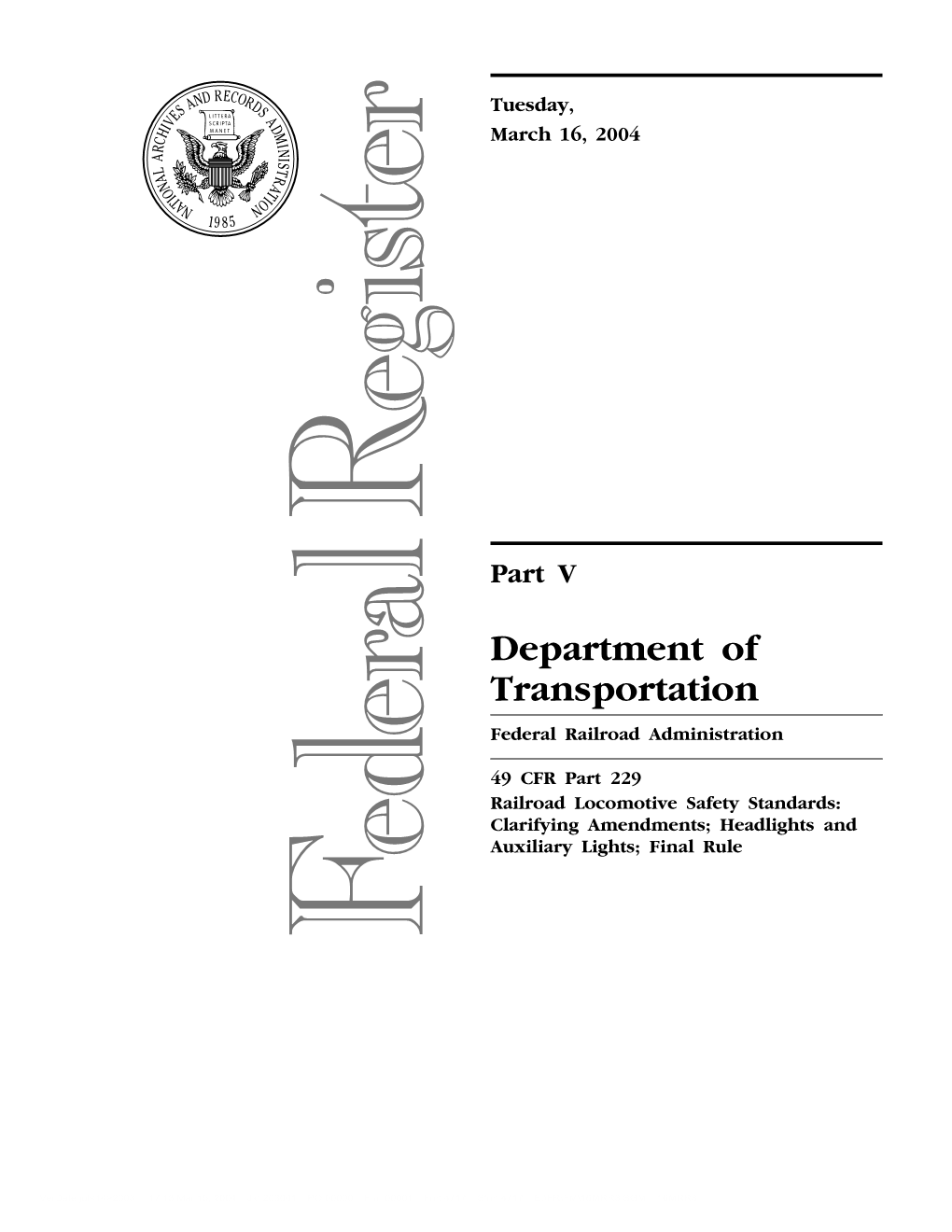 Clarifying Amendements: Headlights and Auxiliary Lights: Final Rule