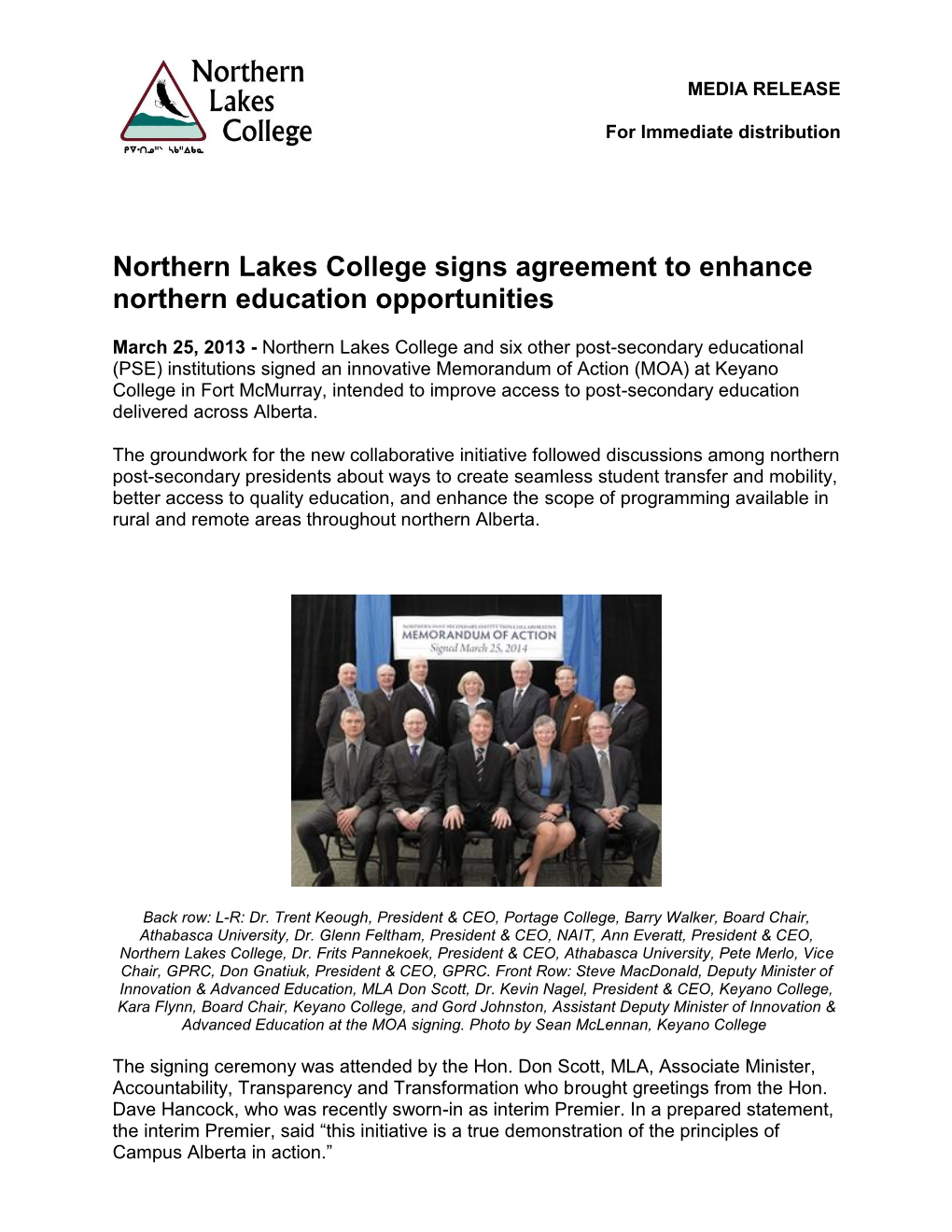 Northern Lakes College Signs Agreement to Enhance Northern Education Opportunities
