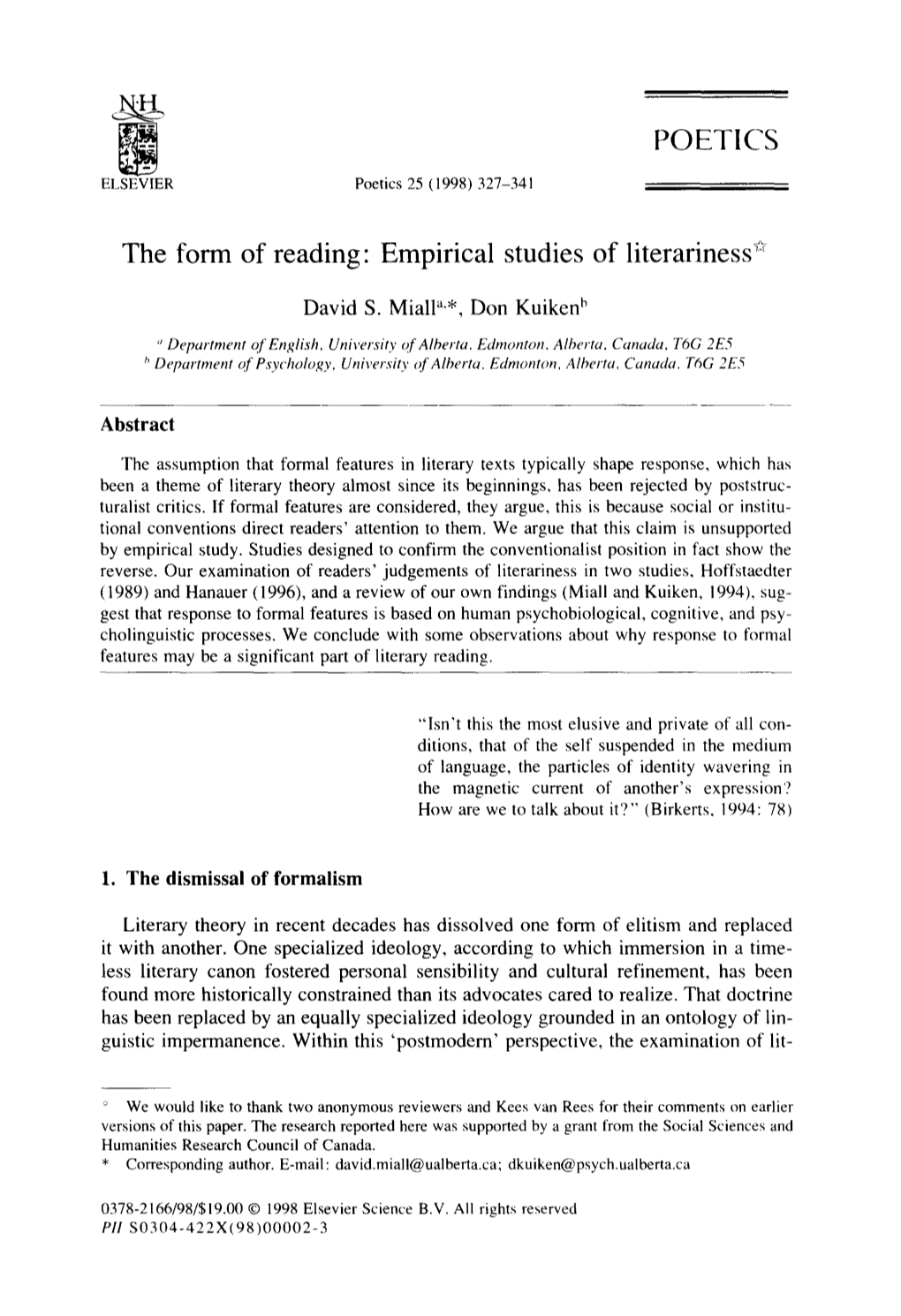 The Form of Reading: Empirical Studies of Literariness