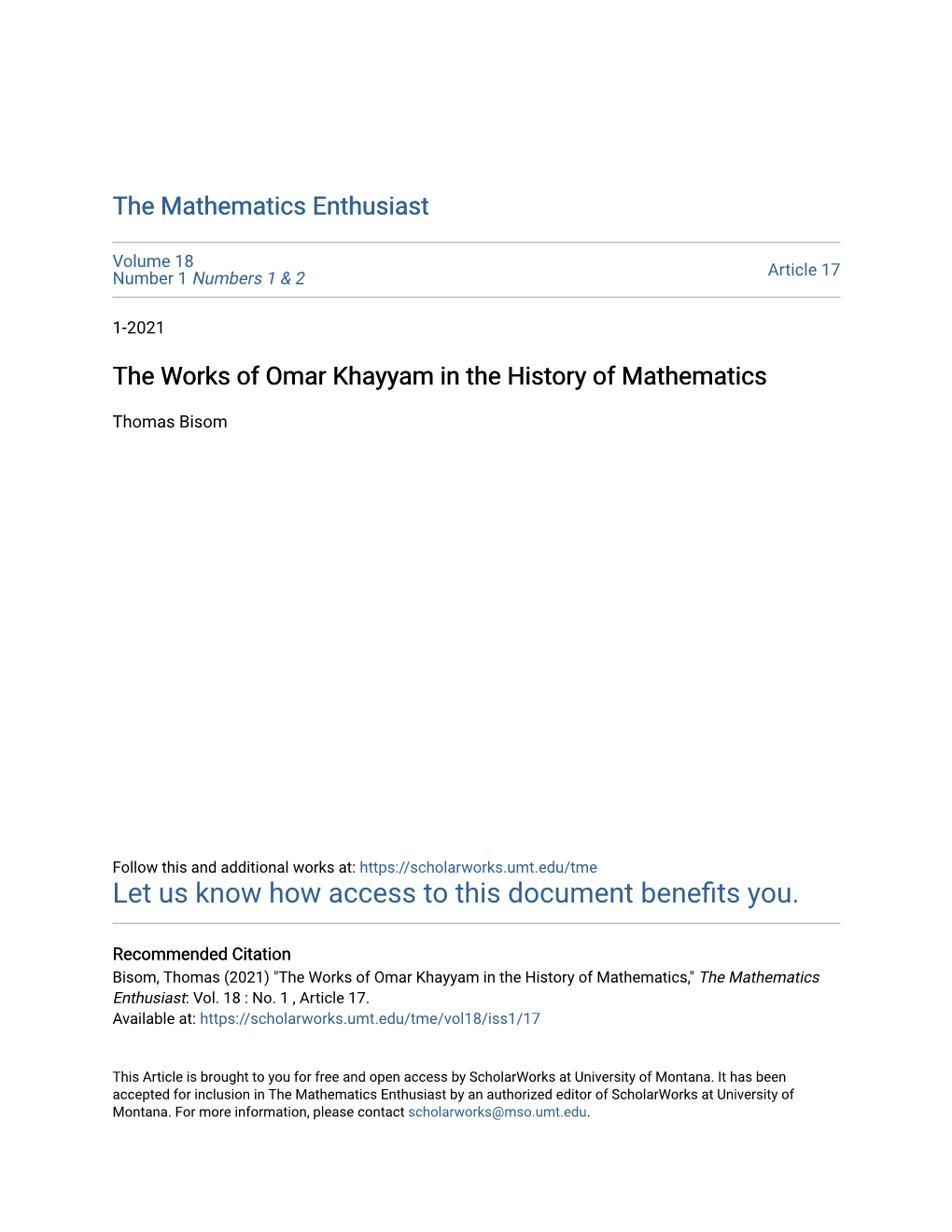 The Works of Omar Khayyam in the History of Mathematics