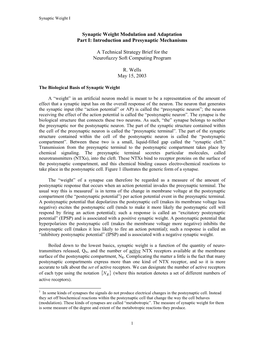 Synaptic Weight Modulation and Adaptation Part I: Introduction and Presynaptic Mechanisms