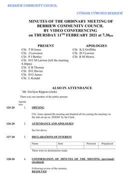MINUTES of the ORDINARY MEETING of BERRIEW COMMUNITY COUNCIL by VIDEO CONFERENCING TH on THURSDAY 11 FEBRUARY 2021 at 7.30Pm