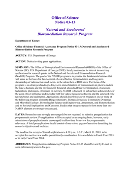 Office of Science Notice 03-13 Natural and Accelerated Bioremediation Research Program