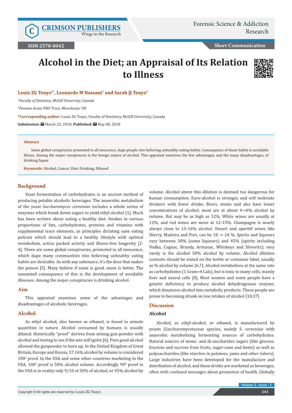 Alcohol in the Diet; an Appraisal of Its Relation to Illness