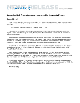 Comedian Dick Shawn to Appear; Sponsored by University Events