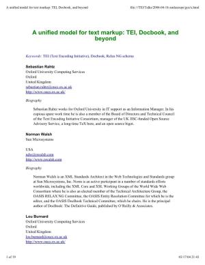 A Unified Model for Text Markup: TEI, Docbook, and Beyond File:///TEI/Talks/2004-04-18-Xmleurope/Gca/X.Html