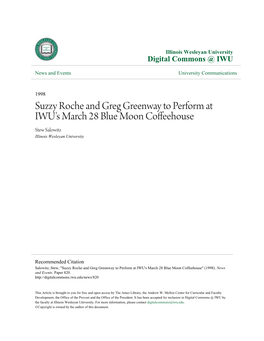 Suzzy Roche and Greg Greenway to Perform at IWU's March 28 Blue Moon Coffeehouse Stew Salowitz Illinois Wesleyan University