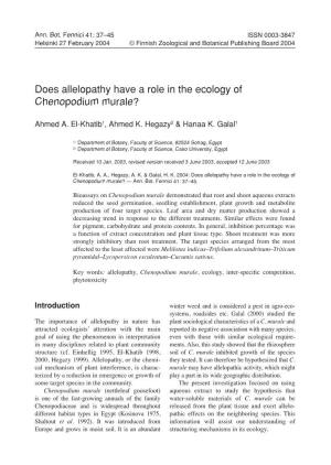 Does Allelopathy Have a Role in the Ecology of Chenopodium Murale?