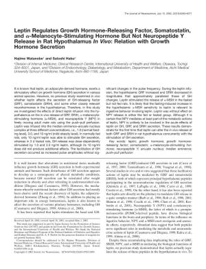 Melanocyte-Stimulating Hormone but Not Neuropeptide Y Release in Rat Hypothalamus in Vivo: Relation with Growth Hormone Secretion