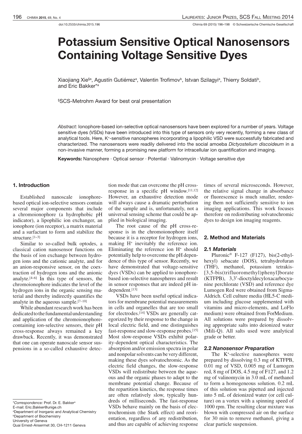 Potassium Sensitive Optical Nanosensors Containing Voltage Sensitive Dyes