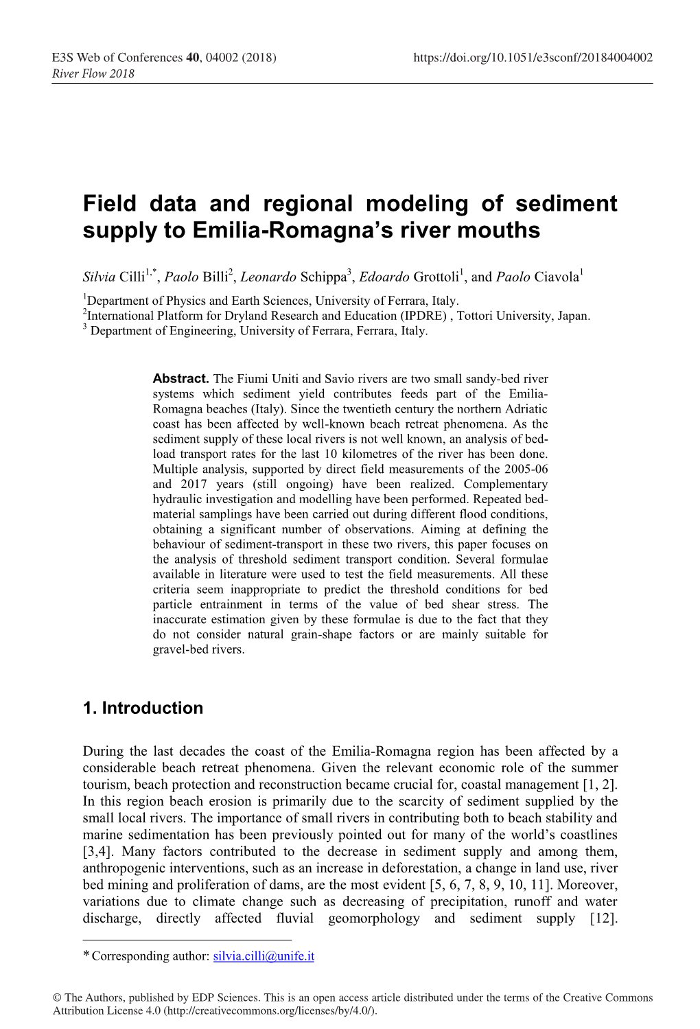 Field Data and Regional Modeling of Sediment Supply to Emilia-Romagna’S River Mouths