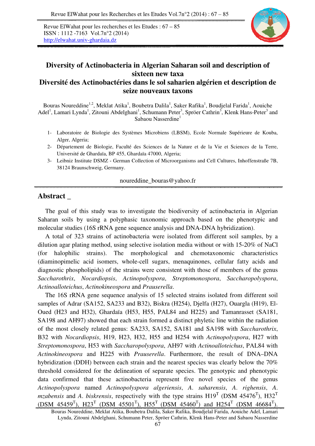 Actinobacteria in Algerian Saharan Soil and Descr