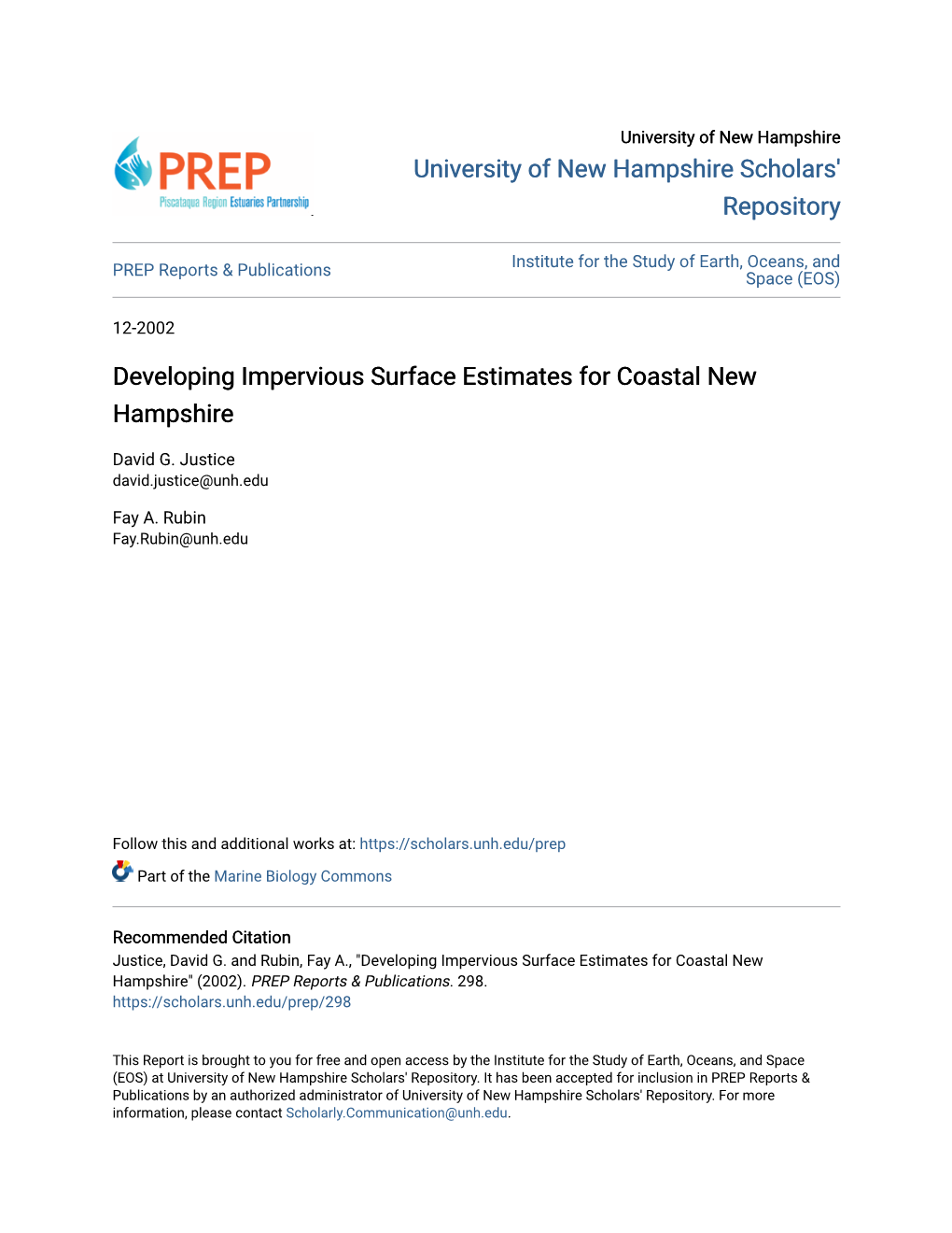 Developing Impervious Surface Estimates for Coastal New Hampshire