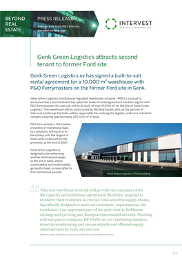 Genk Green Logistics Attracts Second Tenant to Former Ford Site