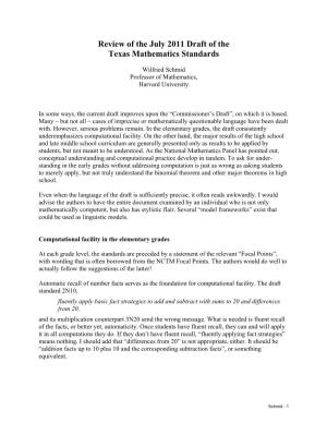 Review of the July 2011 Draft of the Texas Mathematics Standards