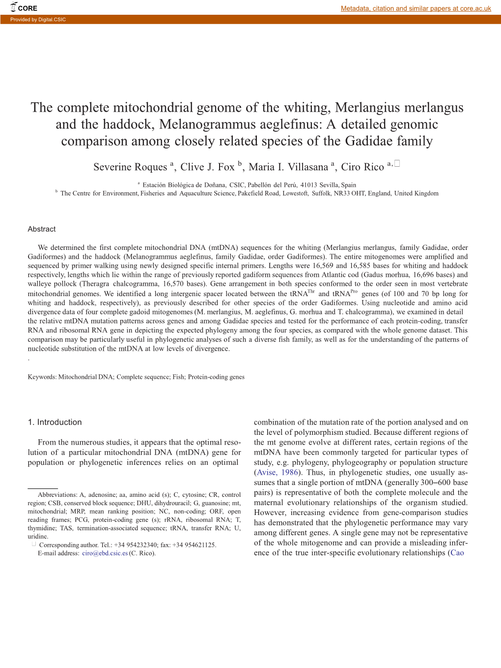 The Complete Mitochondrial Genome of the Whiting, Merlangius