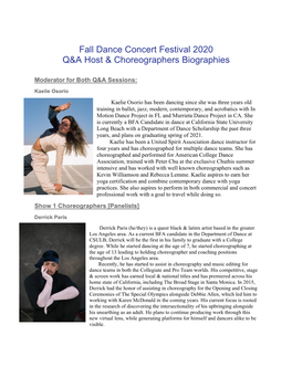 Fall Dance Concert Festical 2020 Q&A Host & Choreographer Biographies