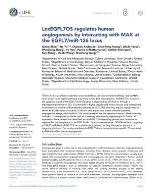 Lncegfl7os Regulates Human Angiogenesis by Interacting