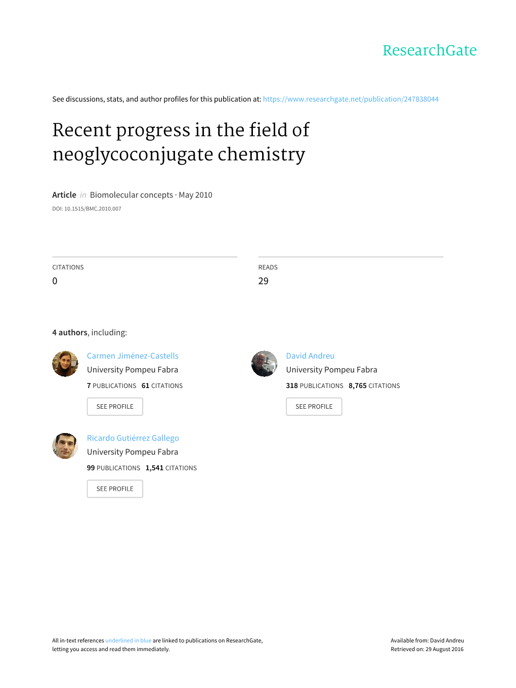 Recent Progress in the Field of Neoglycoconjugate Chemistry