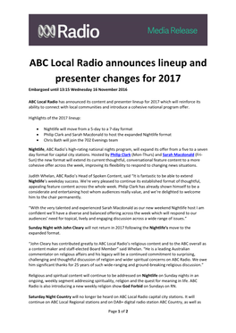 ABC Local Radio Announces Lineup and Presenter Changes for 2017 Embargoed Until 13:15 Wednesday 16 November 2016