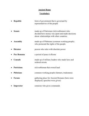 Ancient Rome Vocabulary • Republic Form of Government That Is Governed