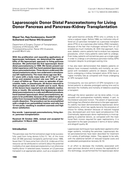 Laparoscopic Donor Distal Pancreatectomy for Living Donor Pancreas and Pancreas–Kidney Transplantation