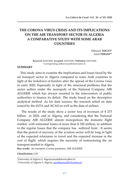 The Corona Virus Crisis and Its Implications on the Air Transport Sector in Algeria a Comparative Study with Some Arab Countries