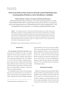 First Record of Paracaristius Maderensis from the Central North Pacific and a Second Specimen of Platyberyx Rhyton (Perciformes: Caristiidae)