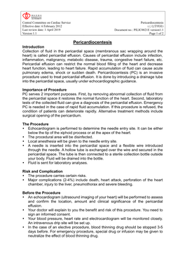 Pericardiocentesis Effective Date: 6 February 2012 (心包穿刺術) Last Review Date: 1 April 2019 Document No.: PILIC0021E Version1.1 Version 1.1 Page 1 of 2