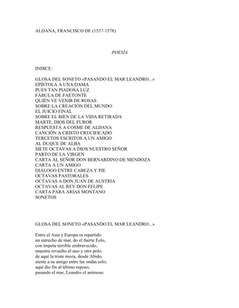 Aldana, Francisco De (1537-1578) Poesía Indice