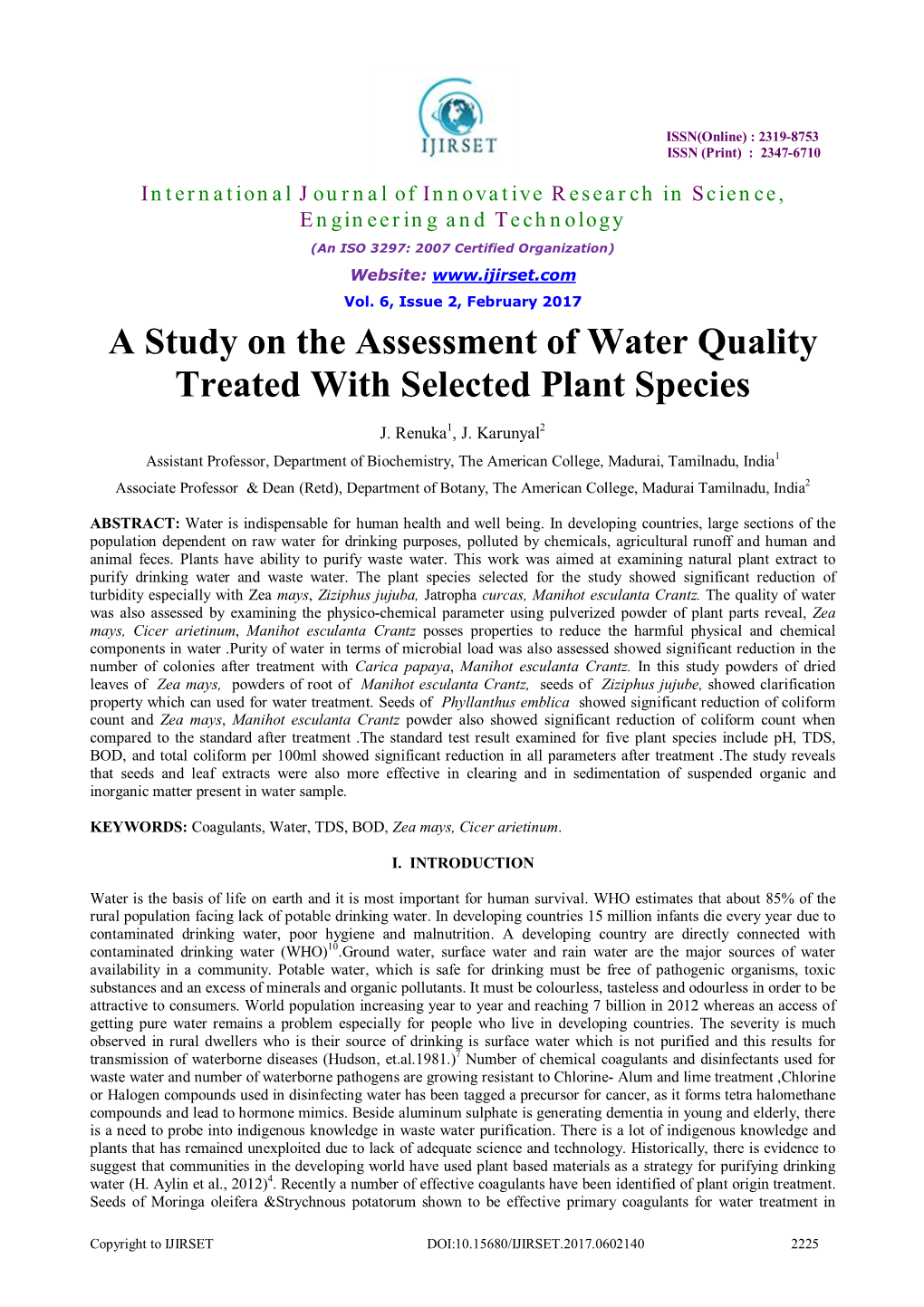 A Study on the Assessment of Water Quality Treated with Selected Plant Species