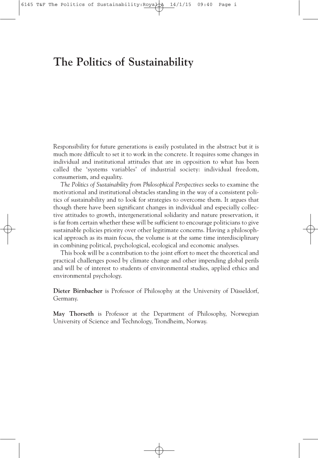 The Politics of Sustainability:Royal a 14/1/15 09:40 Page I