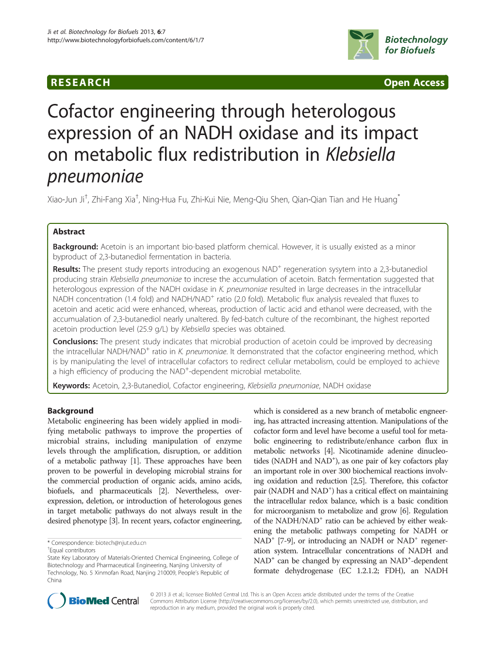 Cofactor Engineering Through Heterologous Expression of an NADH Oxidase and Its Impact on Metabolic Flux Redistribution in Klebs