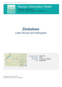 Zimbabwe Ramsar Information Sheet Published on 1 February 2016 Update Version, Previously Published on : 1 December 2014