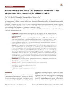 Serum Zinc Level and Tissue ZIP4 Expression Are Related to the Prognosis of Patients with Stages I–III Colon Cancer