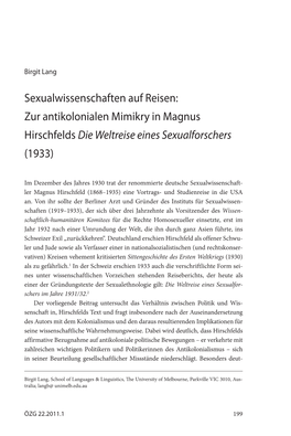 Sexualwissenschaften Auf Reisen: Zur Antikolonialen Mimikry in Magnus Hirschfelds Die Weltreise Eines Sexualforschers (1933)