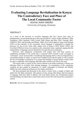 Evaluating Language Revitalization in Kenya: the Contradictory Face and Place of the Local Community Factor OGONE JOHN OBIERO University of Leipzig, Germany