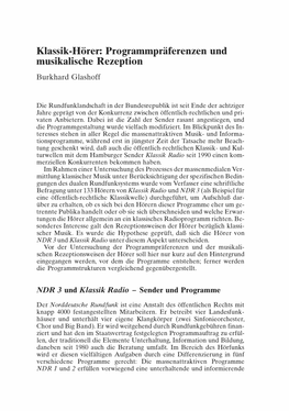 Klassik-Hörer: Programmpräferenzen Und Musikalische Rezeption Burkhard Glashoff